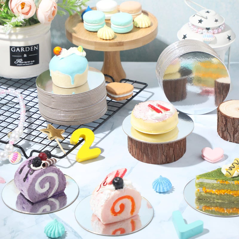 Sawysine Cake Boards Round 4 Inch Mini Cake Circle Base Boards Disposable Cardboard Cake Plate Round Coated Cakeboard for Kitchen Baking Caking Pizza Dessert Cupcake Tray (Silver 50 Pieces) - Image 5